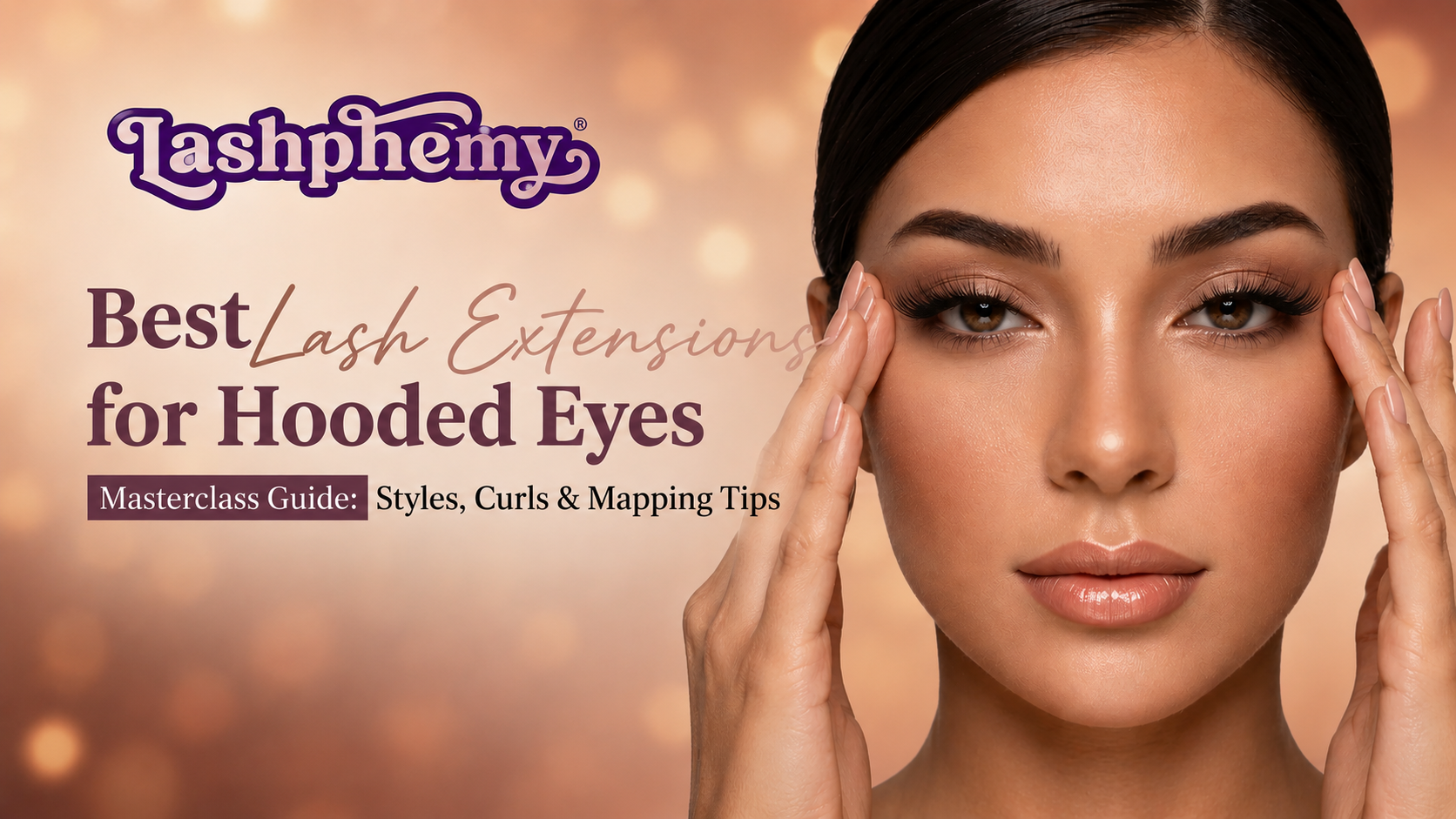 Lashphemy blog banner titled Best Lash Extensions for Hooded Eyes Masterclass Guide featuring a model showing a perfectly lifted and open eyelash look.