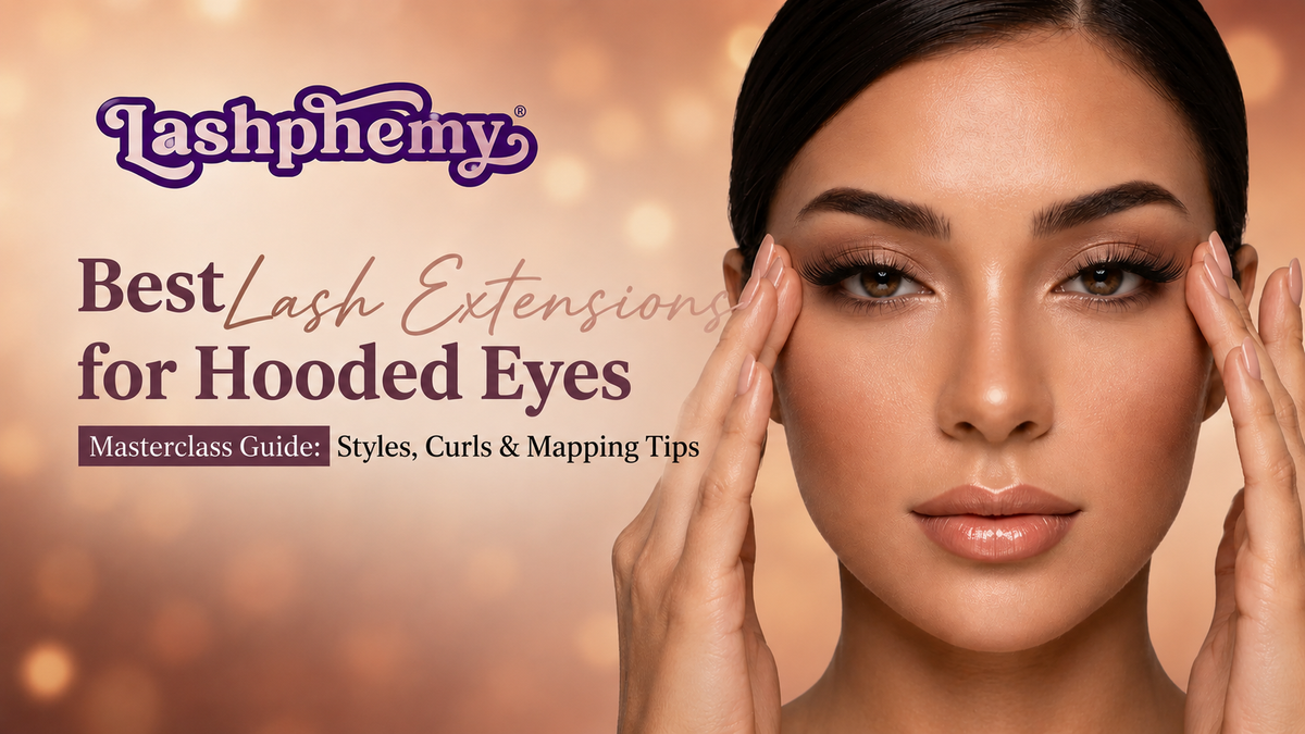 Lashphemy blog banner titled Best Lash Extensions for Hooded Eyes Masterclass Guide featuring a model showing a perfectly lifted and open eyelash look.