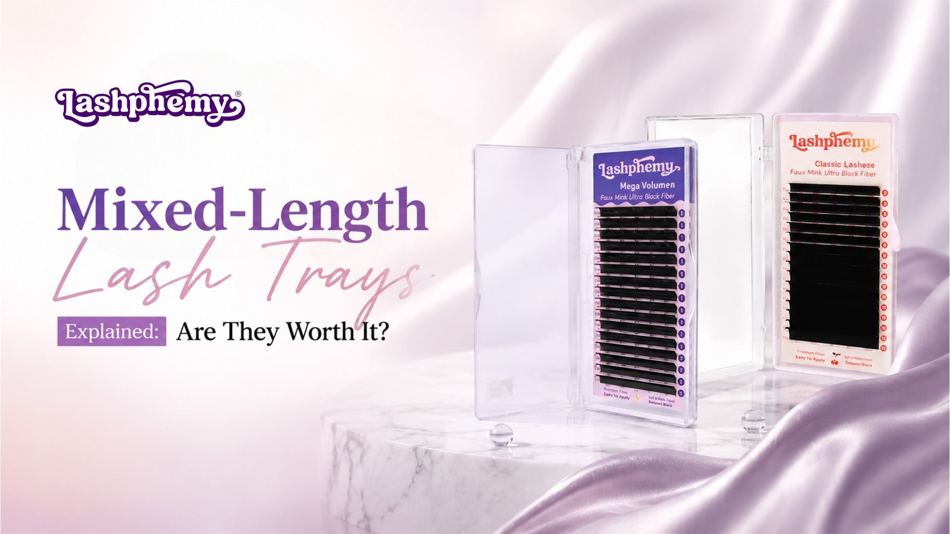 Lashphemy blog banner for Mixed-Length Lash Trays Explained: Are They Worth It? displaying Faux Mink Ultra Black Mega Volume and Classic lash trays.