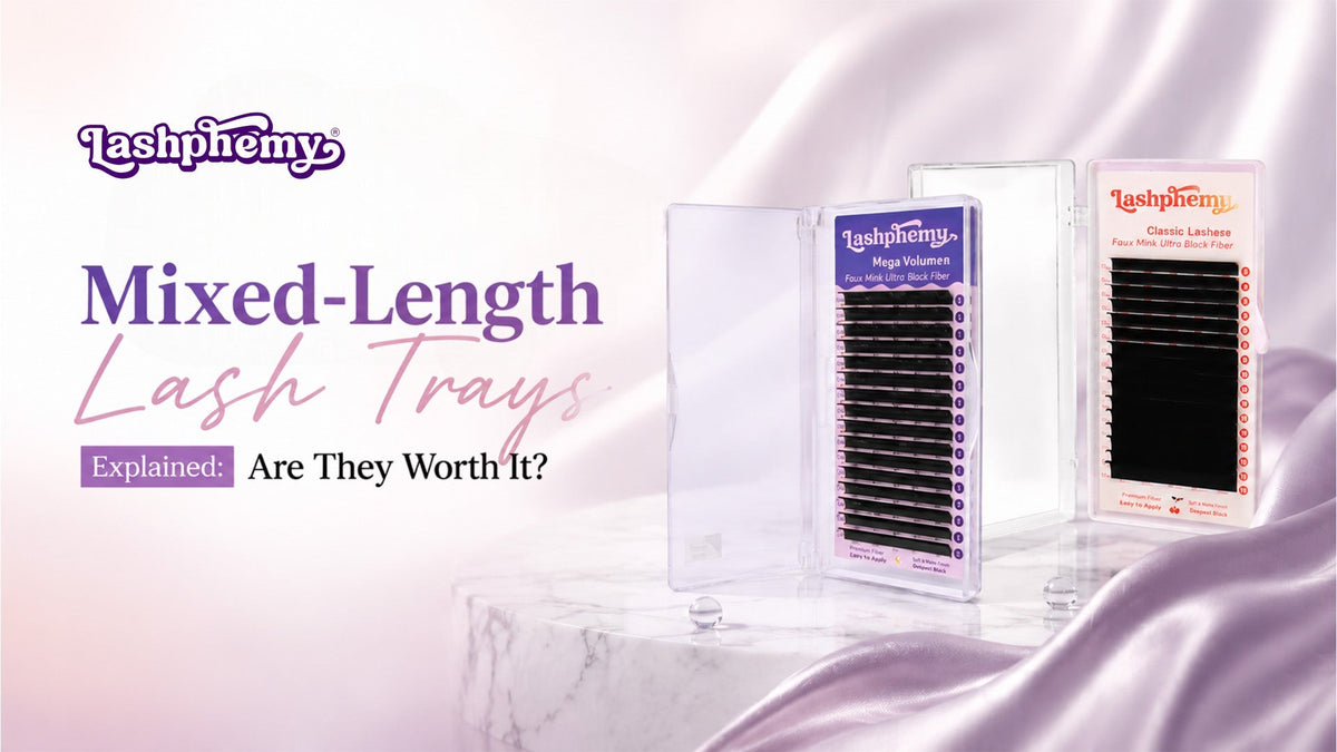 Lashphemy blog banner for Mixed-Length Lash Trays Explained: Are They Worth It? displaying Faux Mink Ultra Black Mega Volume and Classic lash trays.